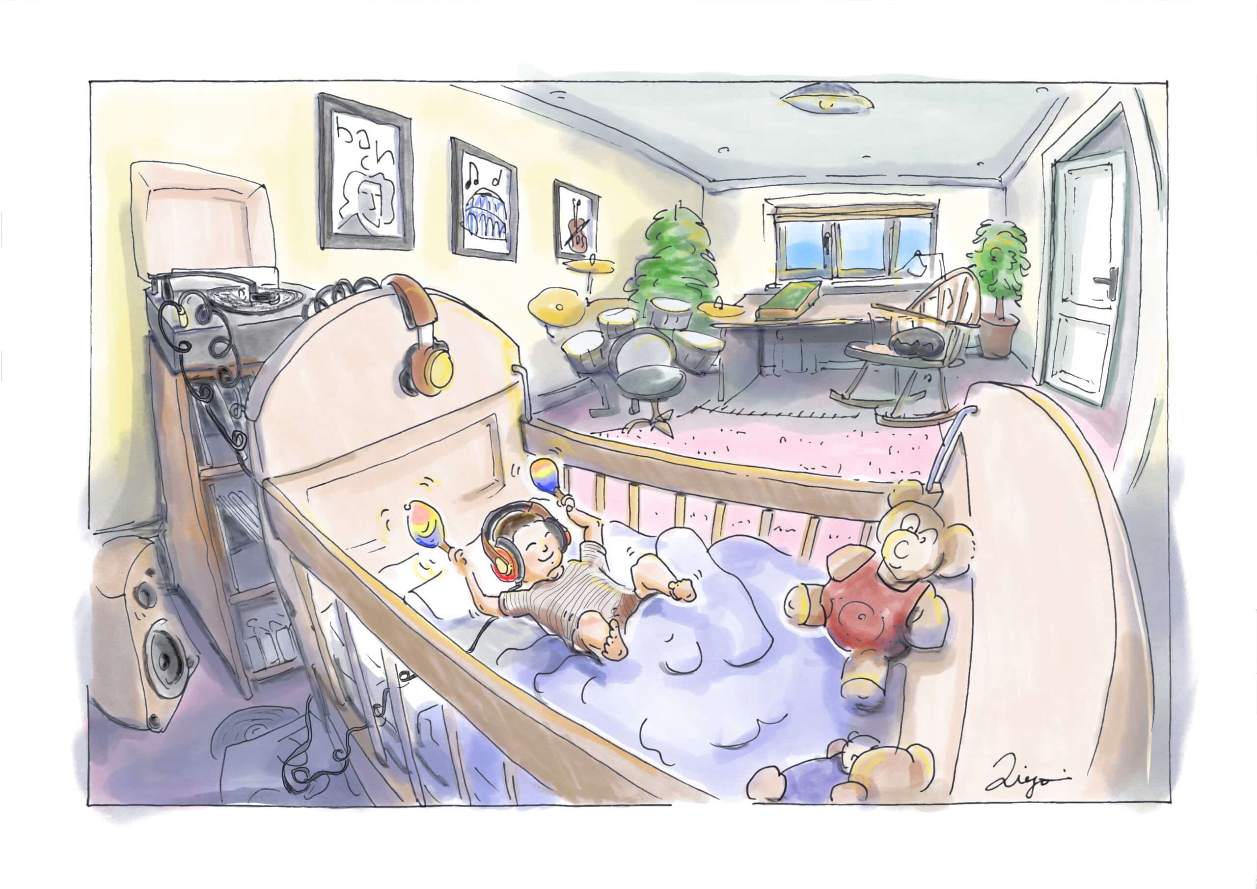 Infographic showing a baby in a crib listening to music